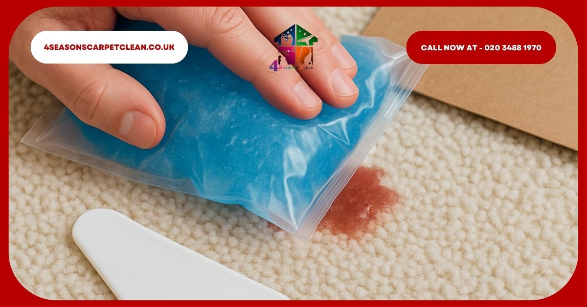 Close-up of a person using an ice pack on melted candle wax spot on a cream carpet, with a plastic scraper and a brown paper bag beside it