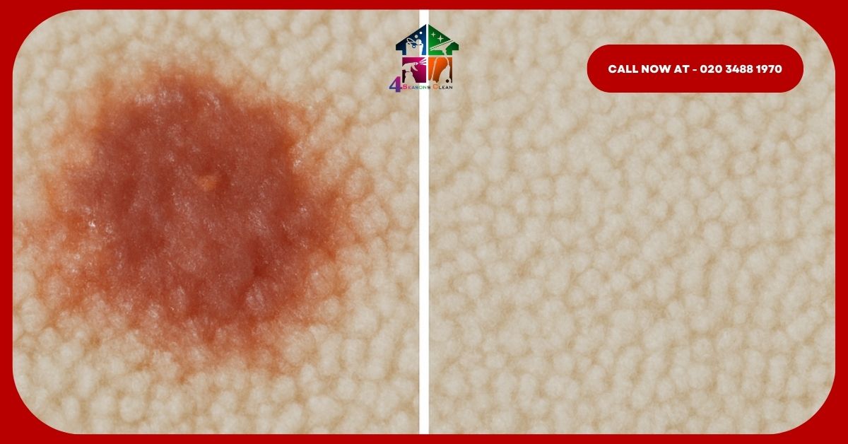 Side-by-side view of a carpet: left shows a wax stain, right shows the same area after cleaning and vacuuming