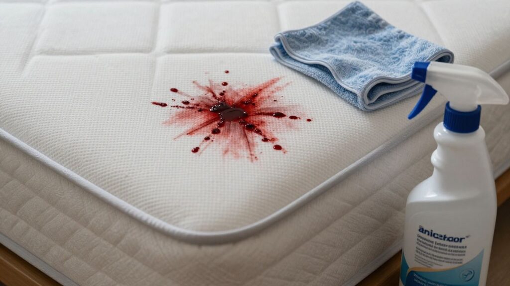Mattress with blood stain and cleaning supplies.
